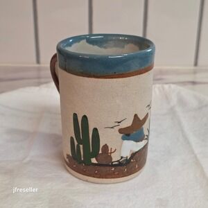 Vintage Tonala Mexico Hand Painted Stoneware Mug Saguaro Cactus Folk Art Pottery